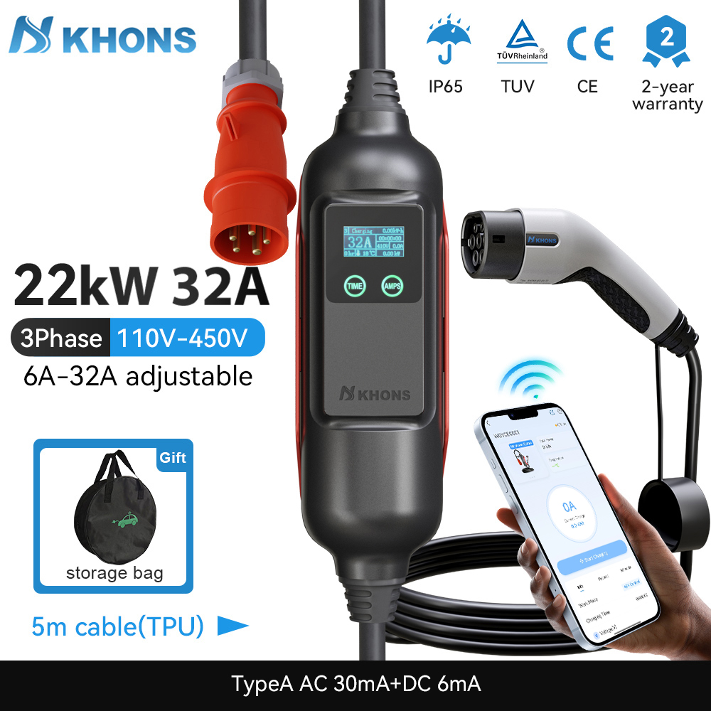 Ev Charging Cable Type 2 32A - Khons Portable EV Charger Type2 32A
