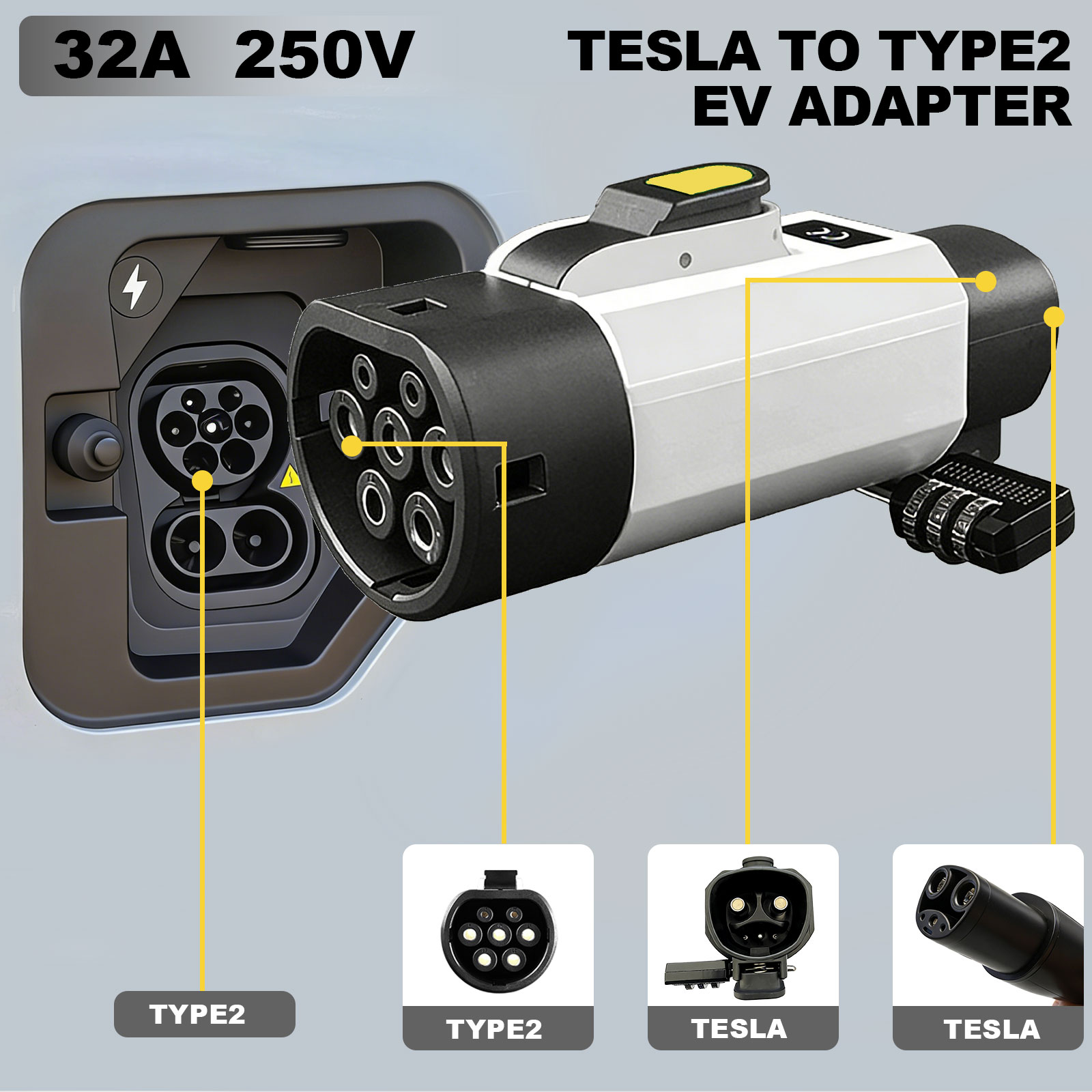 Ev Charger Adapter Type 2 To Type 1 - NACS to Type 2 Lockable anti-theft